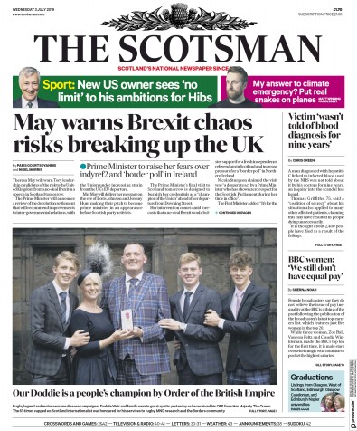 The Scotsman Newspaper Front Page (UK) for 3 July 2019