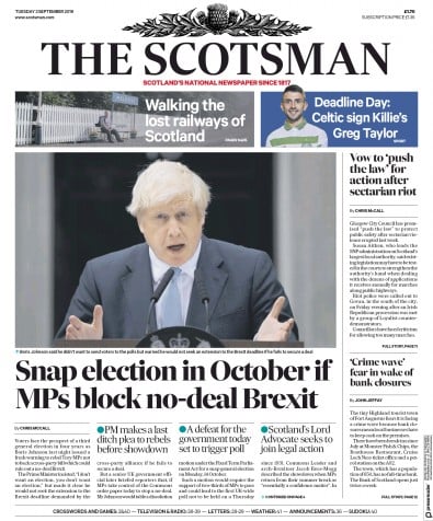 The Scotsman Newspaper Front Page (UK) for 3 September 2019