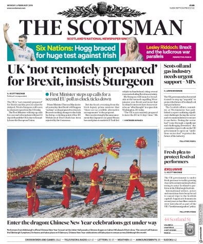 The Scotsman Newspaper Front Page (UK) for 4 February 2019