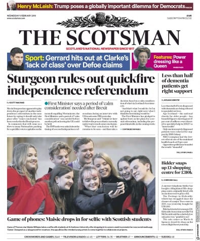 The Scotsman Newspaper Front Page (UK) for 6 February 2019