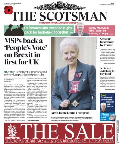 The Scotsman Newspaper Front Page (UK) for 8 November 2018
