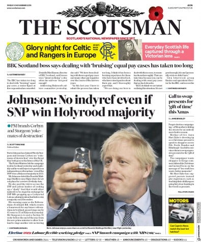The Scotsman Newspaper Front Page (UK) for 8 November 2019