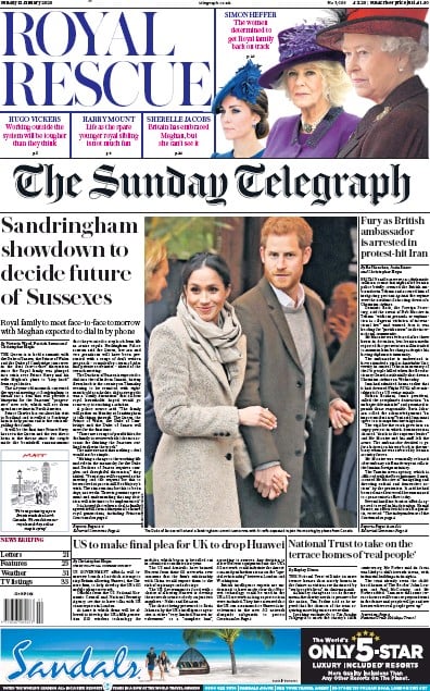 The Sunday Telegraph Newspaper Front Page (UK) for 12 January 2020