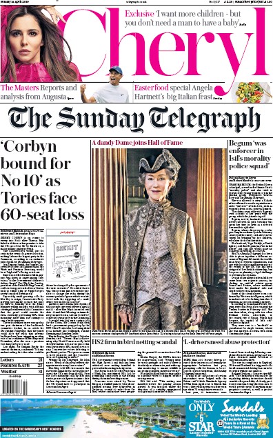 The Sunday Telegraph Newspaper Front Page (UK) for 14 April 2019