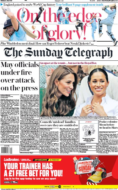 The Sunday Telegraph Newspaper Front Page (UK) for 14 July 2019