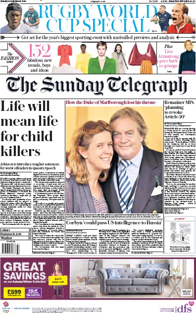 The Sunday Telegraph Newspaper Front Page (UK) for 15 September 2019