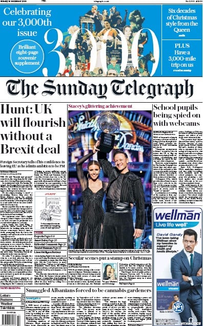 The Sunday Telegraph Newspaper Front Page (UK) for 16 December 2018