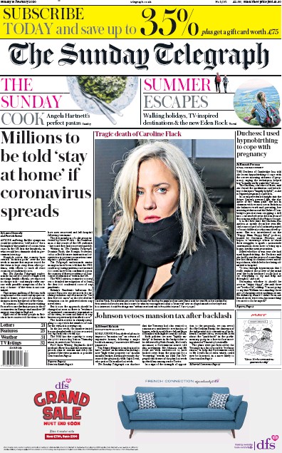 The Sunday Telegraph Newspaper Front Page (UK) for 16 February 2020
