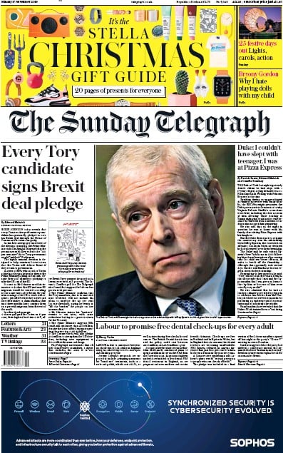 The Sunday Telegraph Newspaper Front Page (UK) for 17 November 2019