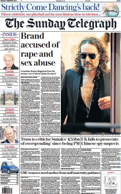 The Sunday Telegraph Newspaper Front Page (UK) for 17 September 2023