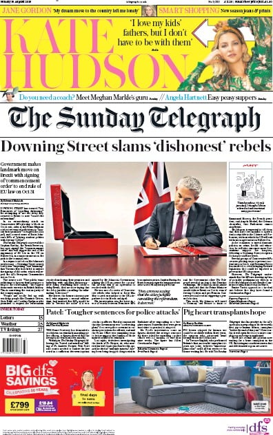 The Sunday Telegraph Newspaper Front Page (UK) for 18 August 2019
