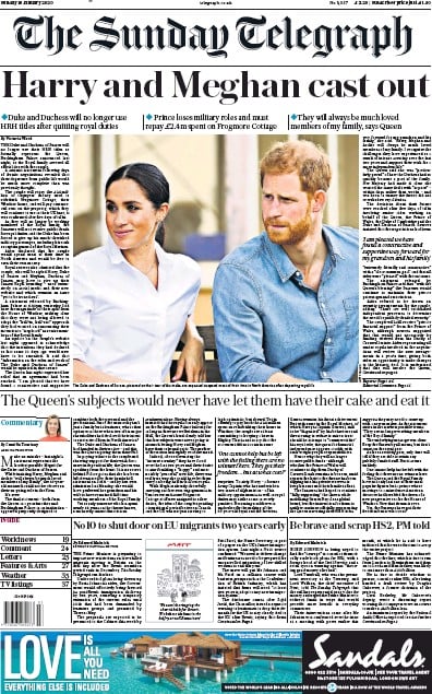 The Sunday Telegraph Newspaper Front Page (UK) for 19 January 2020