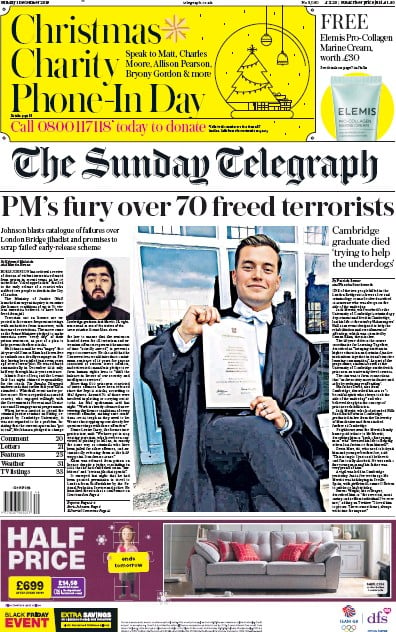 The Sunday Telegraph Newspaper Front Page (UK) for 1 December 2019