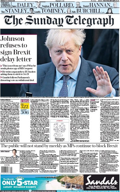 The Sunday Telegraph Newspaper Front Page (UK) for 20 October 2019