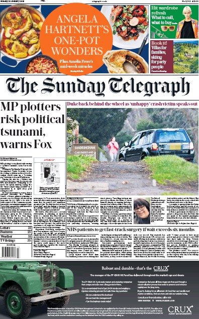 The Sunday Telegraph Newspaper Front Page (UK) for 20 January 2019