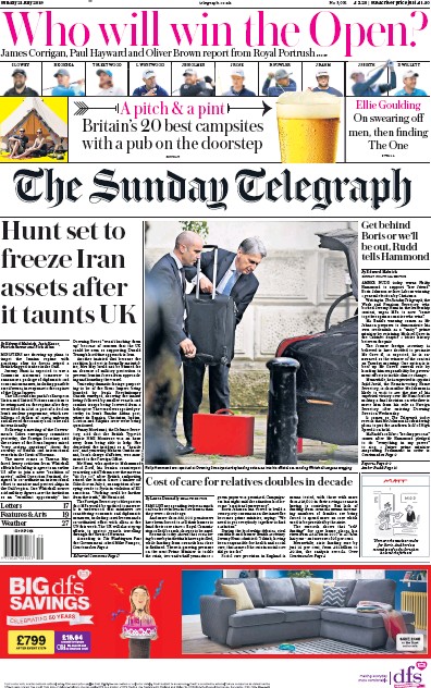 The Sunday Telegraph Newspaper Front Page (UK) for 21 July 2019
