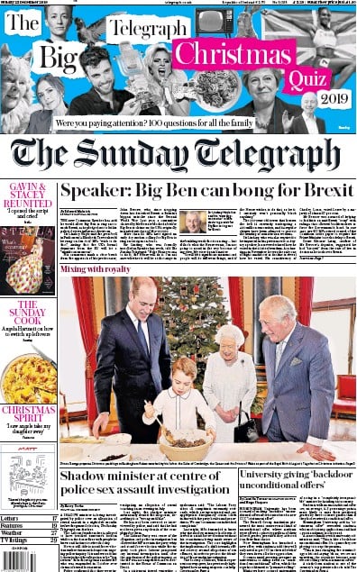 The Sunday Telegraph Newspaper Front Page (UK) for 22 December 2019