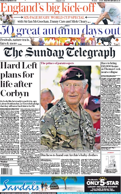 The Sunday Telegraph Newspaper Front Page (UK) for 22 September 2019