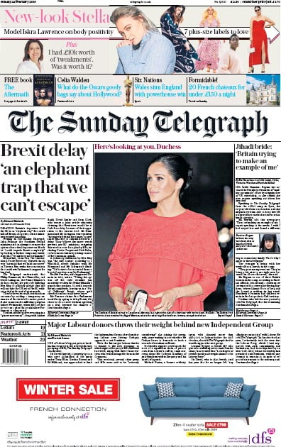 The Sunday Telegraph Newspaper Front Page (UK) for 24 February 2019