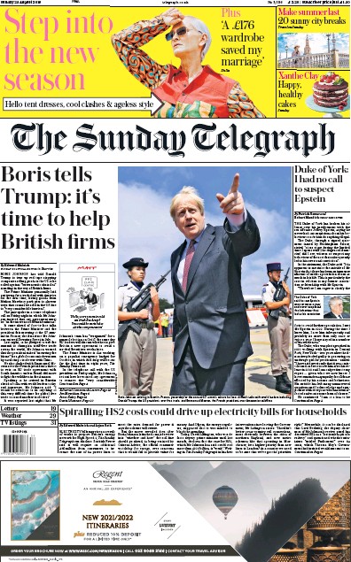 The Sunday Telegraph Newspaper Front Page (UK) for 25 August 2019