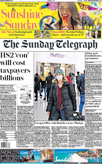 The Sunday Telegraph Newspaper Front Page (UK) for 26 January 2020