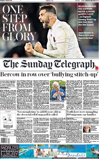 The Sunday Telegraph Newspaper Front Page (UK) for 27 October 2019