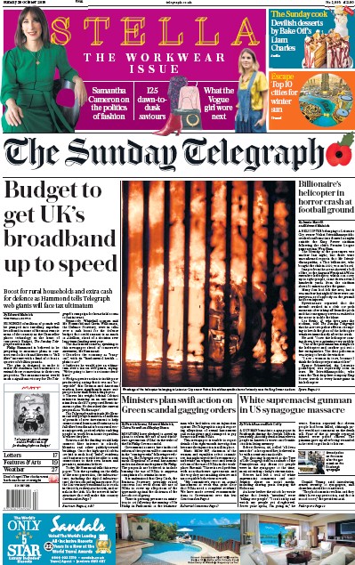 The Sunday Telegraph Newspaper Front Page (UK) for 28 October 2018