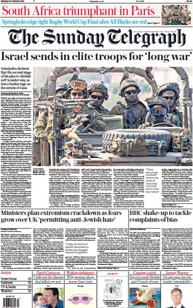 The Sunday Telegraph Newspaper Front Page (UK) for 29 October 2023