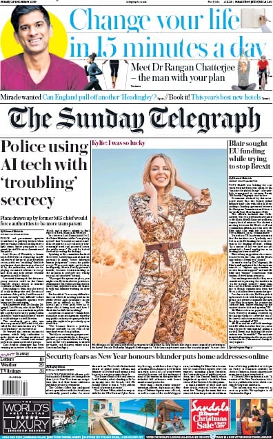The Sunday Telegraph Newspaper Front Page (UK) for 29 December 2019