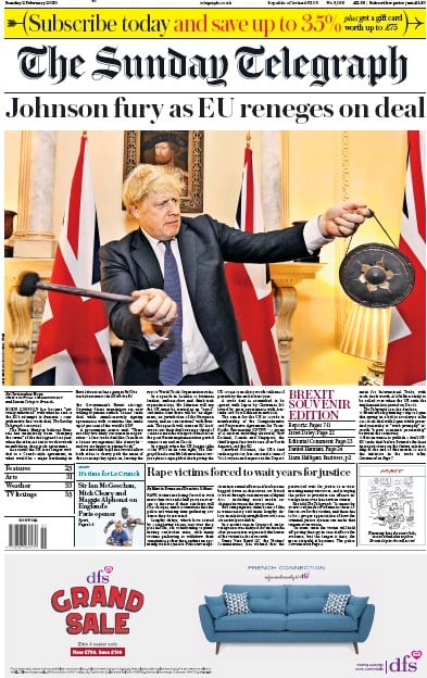The Sunday Telegraph Newspaper Front Page (UK) for 2 February 2020