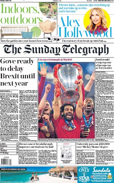 The Sunday Telegraph Newspaper Front Page (UK) for 2 June 2019