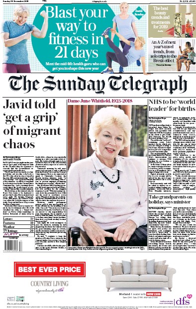 The Sunday Telegraph Newspaper Front Page (UK) for 30 December 2018