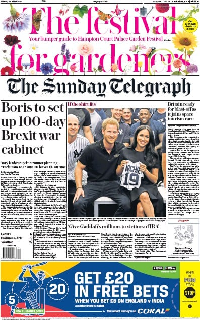 The Sunday Telegraph Newspaper Front Page (UK) for 30 June 2019