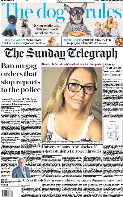 The Sunday Telegraph Newspaper Front Page (UK) for 3 March 2019