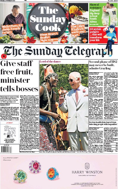 The Sunday Telegraph Newspaper Front Page (UK) for 4 November 2018