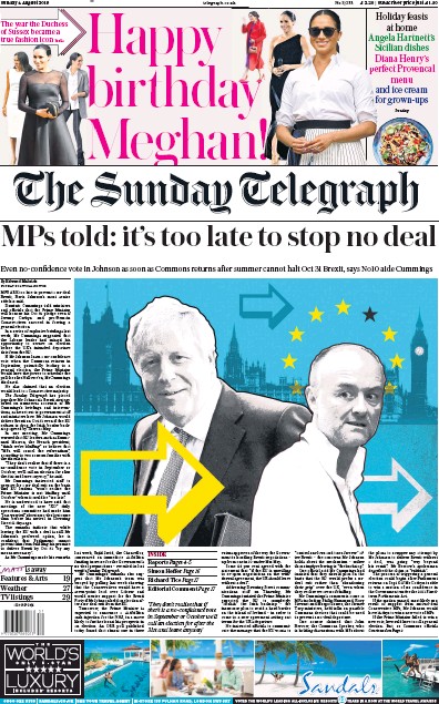 The Sunday Telegraph Newspaper Front Page (UK) for 4 August 2019