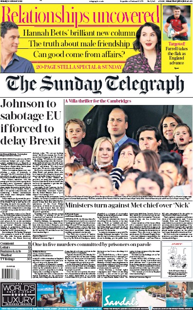 The Sunday Telegraph Newspaper Front Page (UK) for 6 October 2019