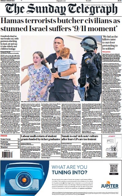 The Sunday Telegraph Newspaper Front Page (UK) for 8 October 2023