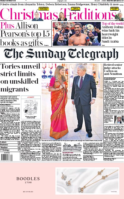 The Sunday Telegraph Newspaper Front Page (UK) for 8 December 2019