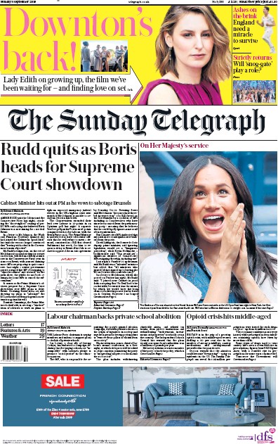 The Sunday Telegraph Newspaper Front Page (UK) for 8 September 2019