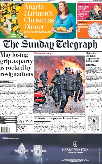 The Sunday Telegraph Newspaper Front Page (UK) for 9 December 2018