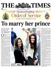 The Times (UK) Newspaper Front Page for 29 April 2011